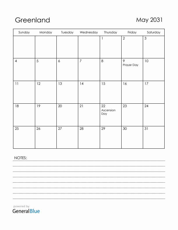 May 2031 Greenland Calendar with Holidays (Sunday Start)