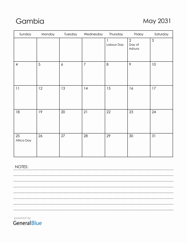 May 2031 Gambia Calendar with Holidays (Sunday Start)