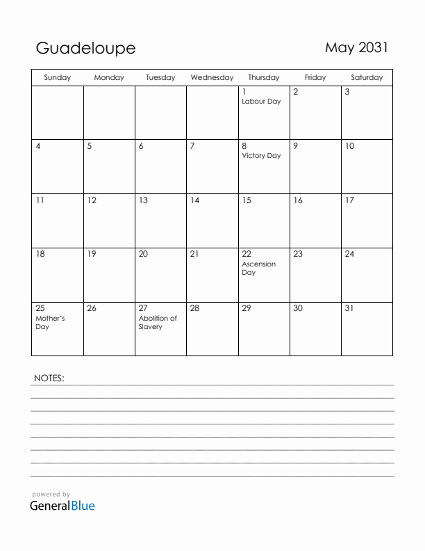 May 2031 Guadeloupe Calendar with Holidays (Sunday Start)
