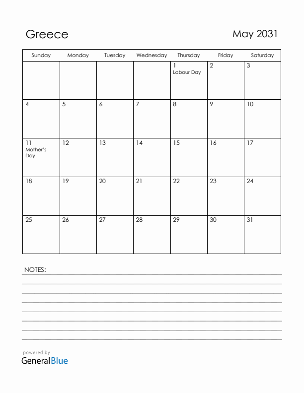 May 2031 Greece Calendar with Holidays (Sunday Start)