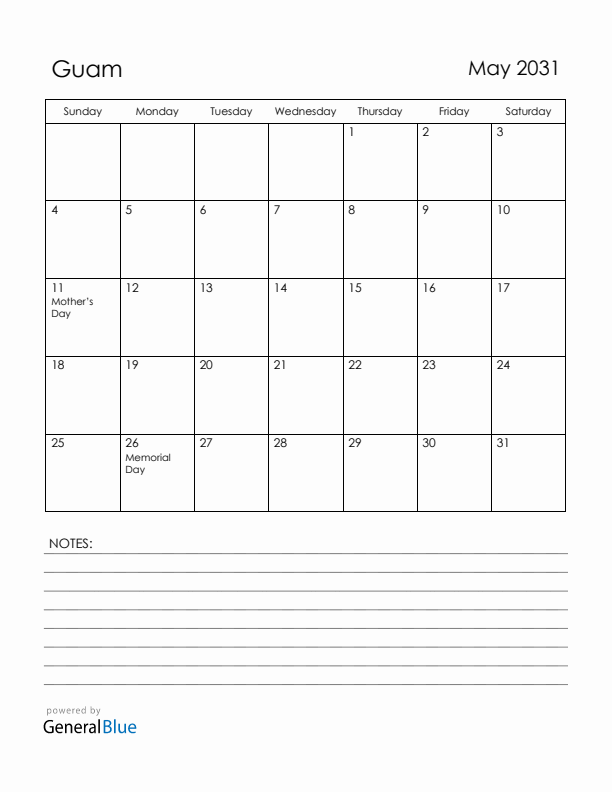 May 2031 Guam Calendar with Holidays (Sunday Start)