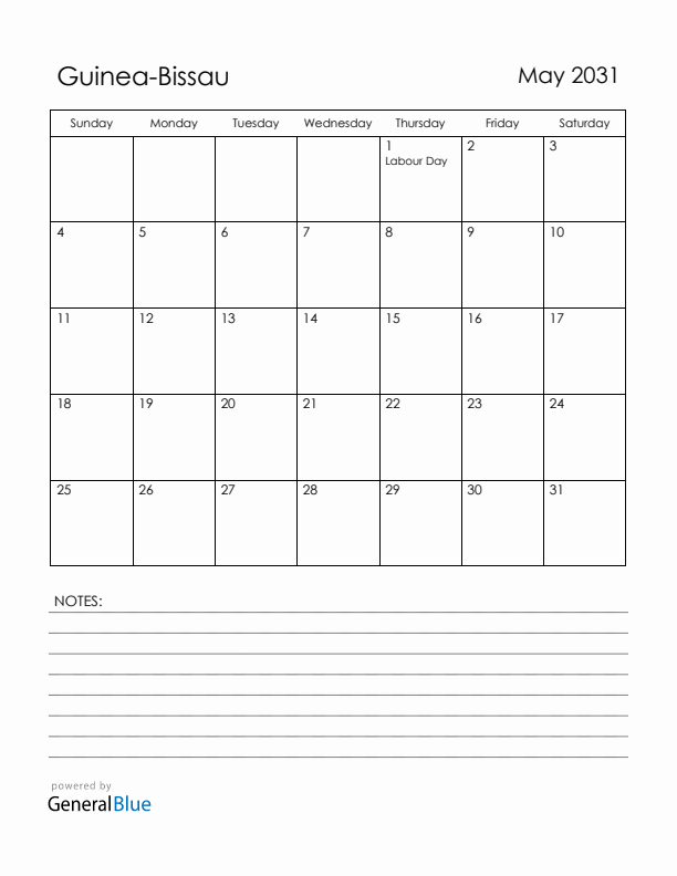May 2031 Guinea-Bissau Calendar with Holidays (Sunday Start)