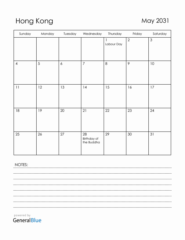 May 2031 Hong Kong Calendar with Holidays (Sunday Start)