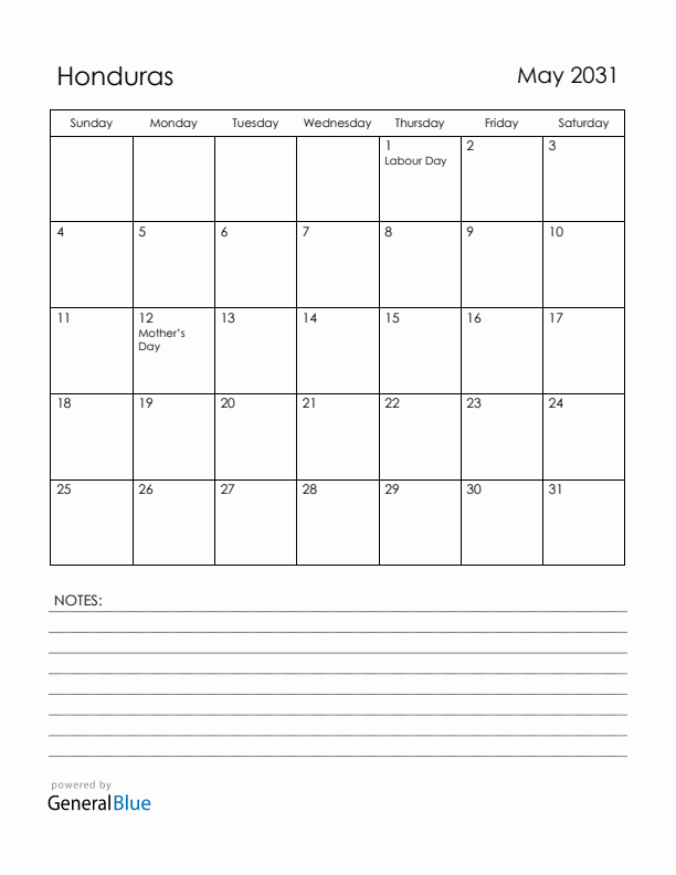 May 2031 Honduras Calendar with Holidays (Sunday Start)