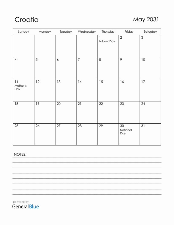 May 2031 Croatia Calendar with Holidays (Sunday Start)