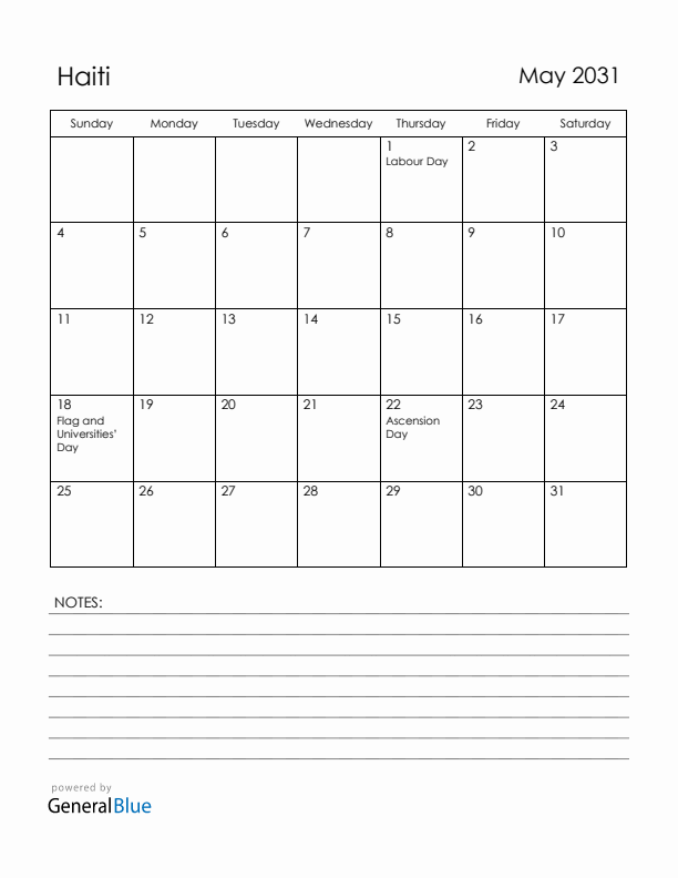 May 2031 Haiti Calendar with Holidays (Sunday Start)