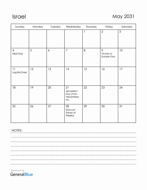 May 2031 Israel Calendar with Holidays (Sunday Start)