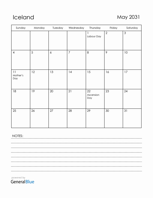 May 2031 Iceland Calendar with Holidays (Sunday Start)