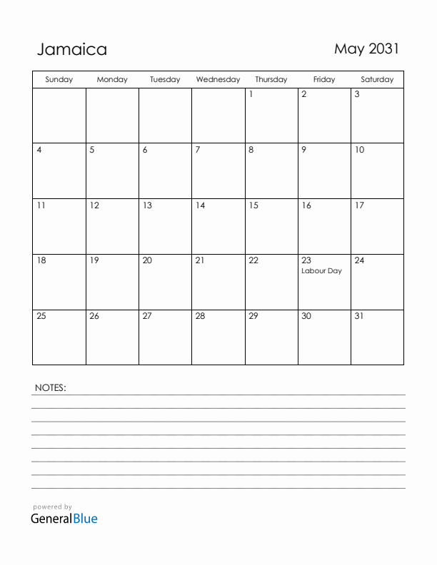 May 2031 Jamaica Calendar with Holidays (Sunday Start)