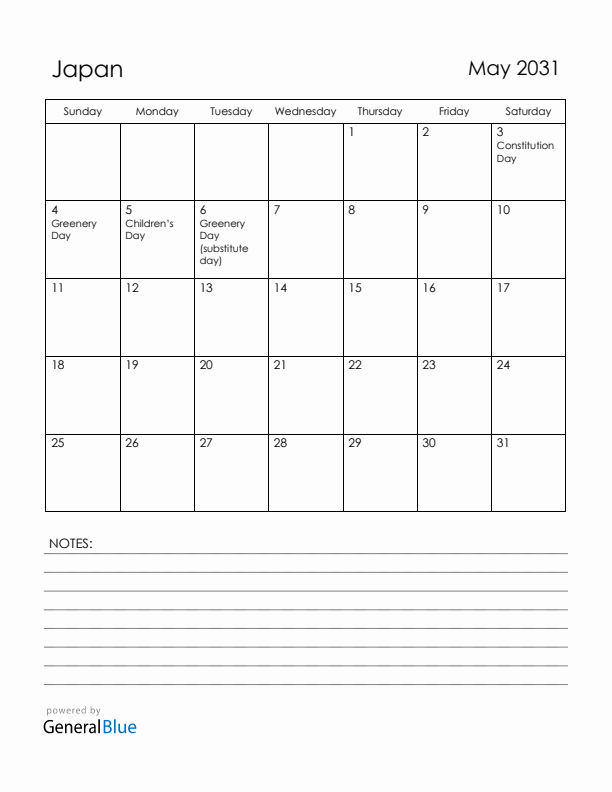 May 2031 Japan Calendar with Holidays (Sunday Start)