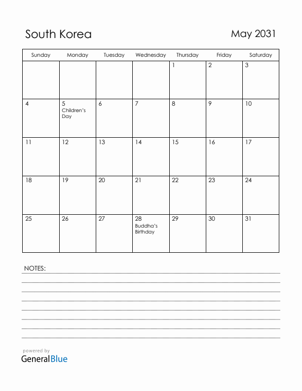 May 2031 South Korea Calendar with Holidays (Sunday Start)