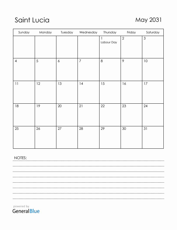 May 2031 Saint Lucia Calendar with Holidays (Sunday Start)