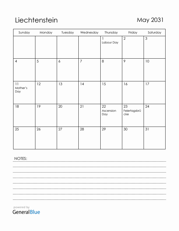 May 2031 Liechtenstein Calendar with Holidays (Sunday Start)