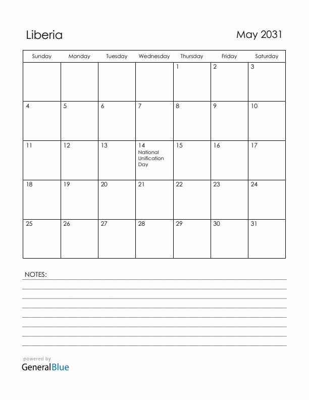 May 2031 Liberia Calendar with Holidays (Sunday Start)
