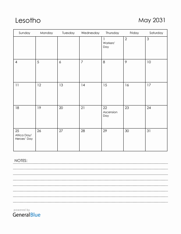 May 2031 Lesotho Calendar with Holidays (Sunday Start)