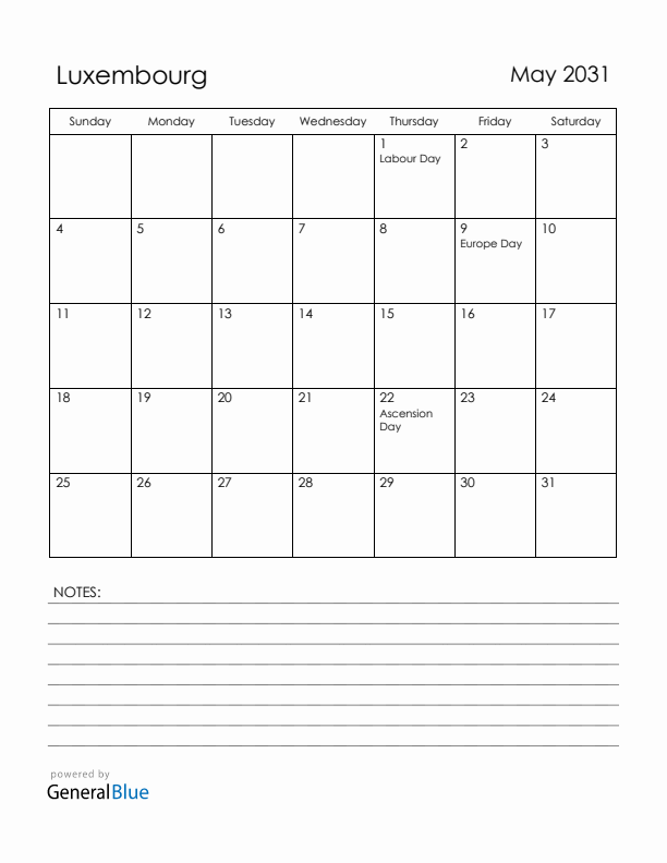 May 2031 Luxembourg Calendar with Holidays (Sunday Start)