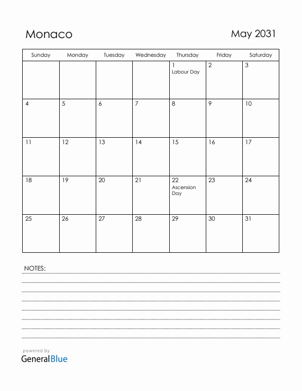 May 2031 Monaco Calendar with Holidays (Sunday Start)