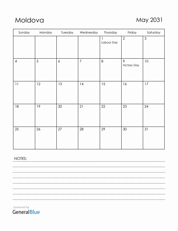 May 2031 Moldova Calendar with Holidays (Sunday Start)