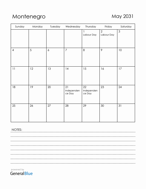 May 2031 Montenegro Calendar with Holidays (Sunday Start)