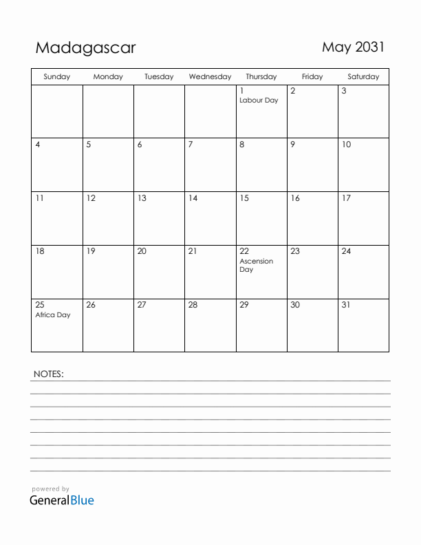 May 2031 Madagascar Calendar with Holidays (Sunday Start)