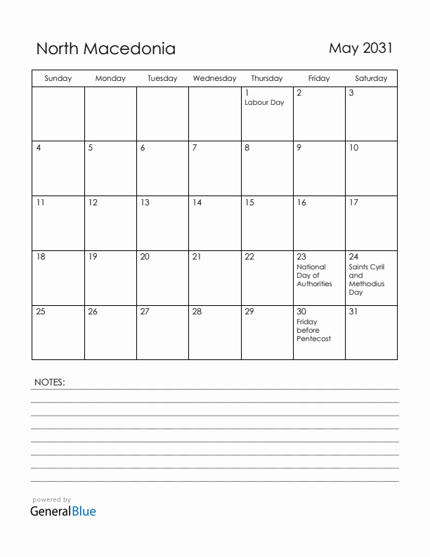 May 2031 North Macedonia Calendar with Holidays (Sunday Start)