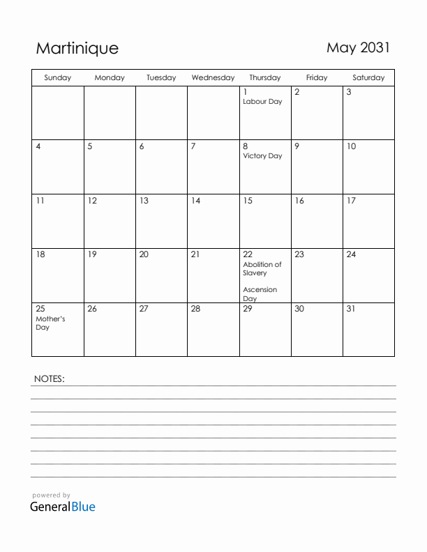 May 2031 Martinique Calendar with Holidays (Sunday Start)