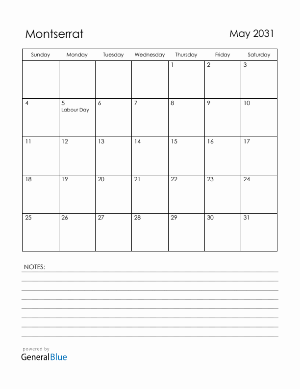 May 2031 Montserrat Calendar with Holidays (Sunday Start)