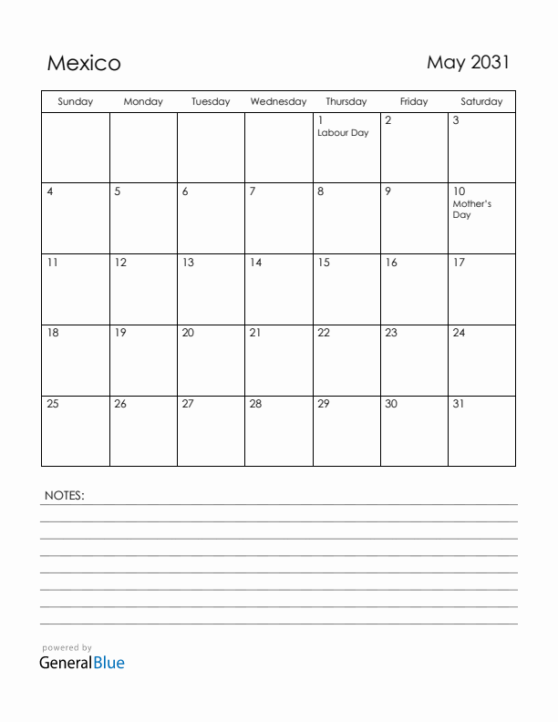 May 2031 Mexico Calendar with Holidays (Sunday Start)