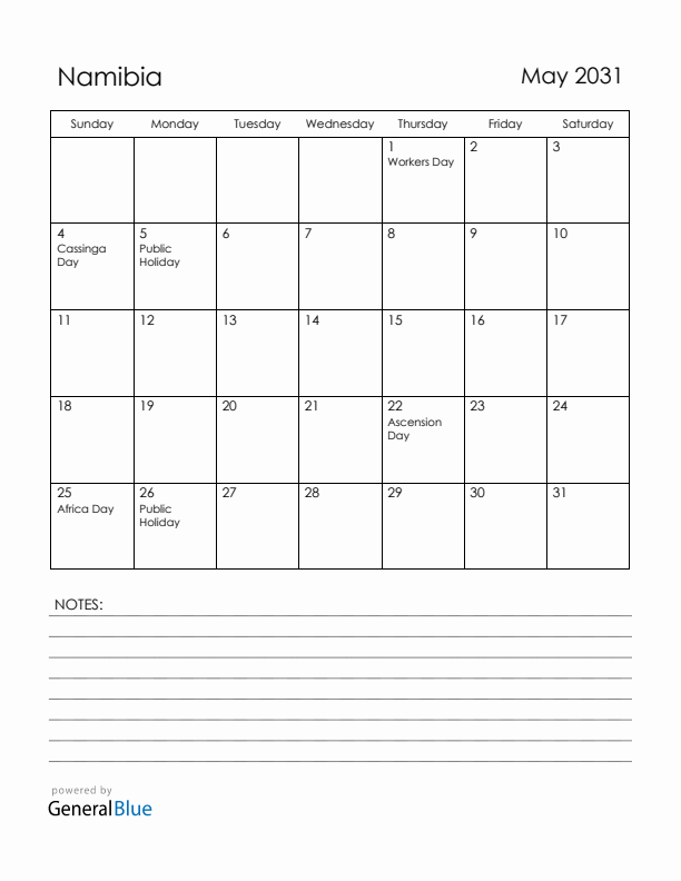 May 2031 Namibia Calendar with Holidays (Sunday Start)