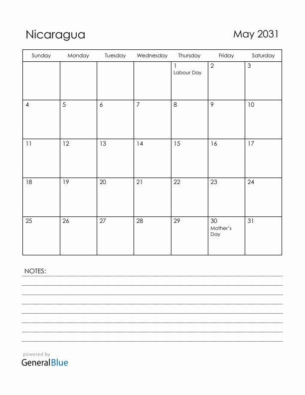 May 2031 Nicaragua Calendar with Holidays (Sunday Start)