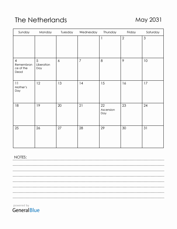 May 2031 The Netherlands Calendar with Holidays (Sunday Start)