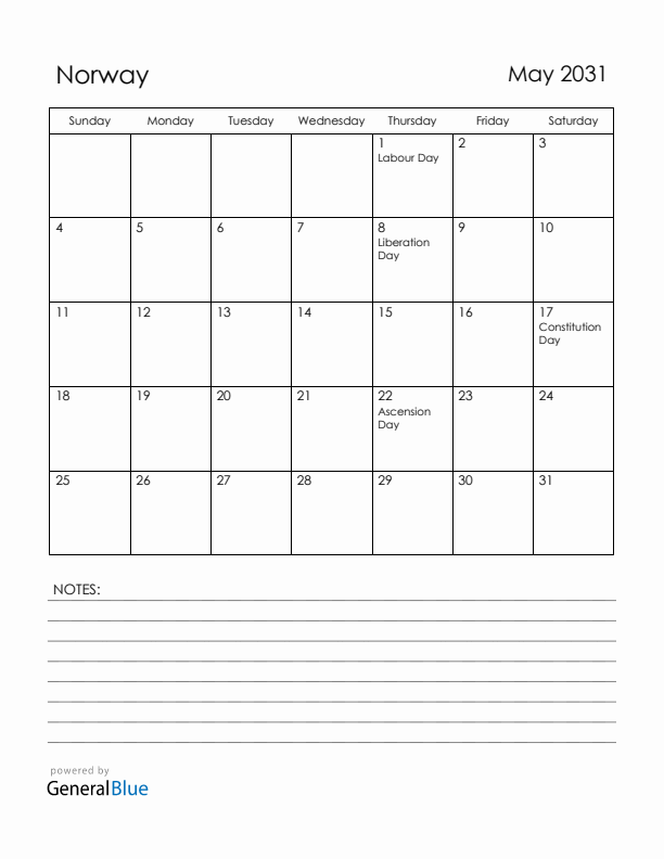 May 2031 Norway Calendar with Holidays (Sunday Start)