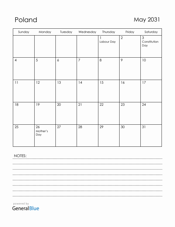 May 2031 Poland Calendar with Holidays (Sunday Start)