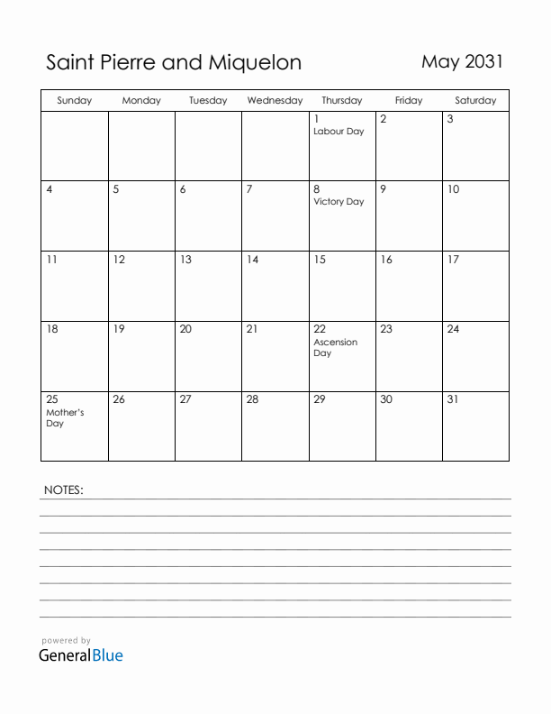 May 2031 Saint Pierre and Miquelon Calendar with Holidays (Sunday Start)