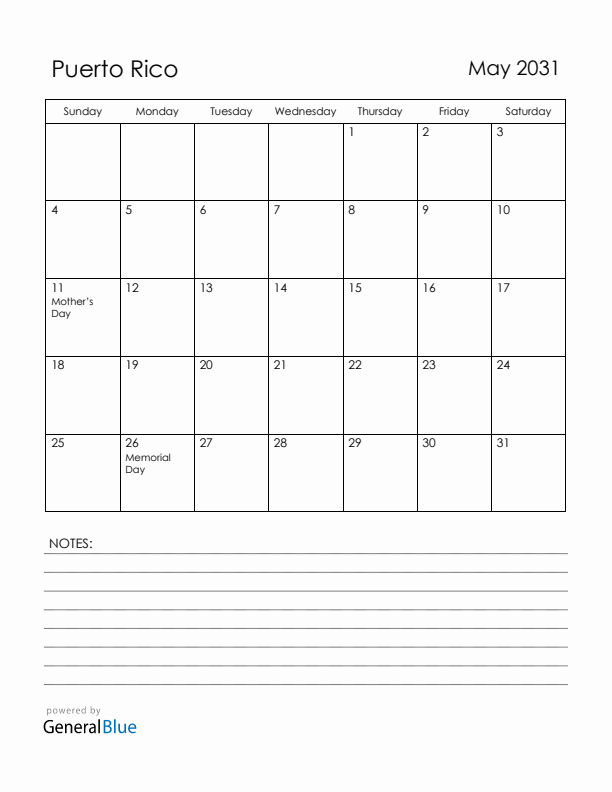 May 2031 Puerto Rico Calendar with Holidays (Sunday Start)