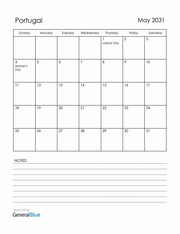 May 2031 Portugal Calendar with Holidays (Sunday Start)