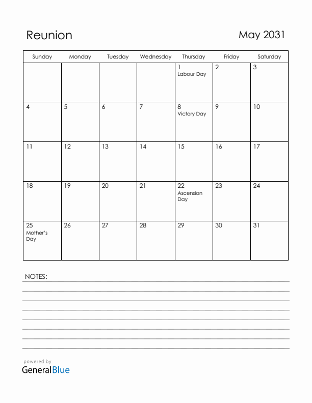 May 2031 Reunion Calendar with Holidays (Sunday Start)