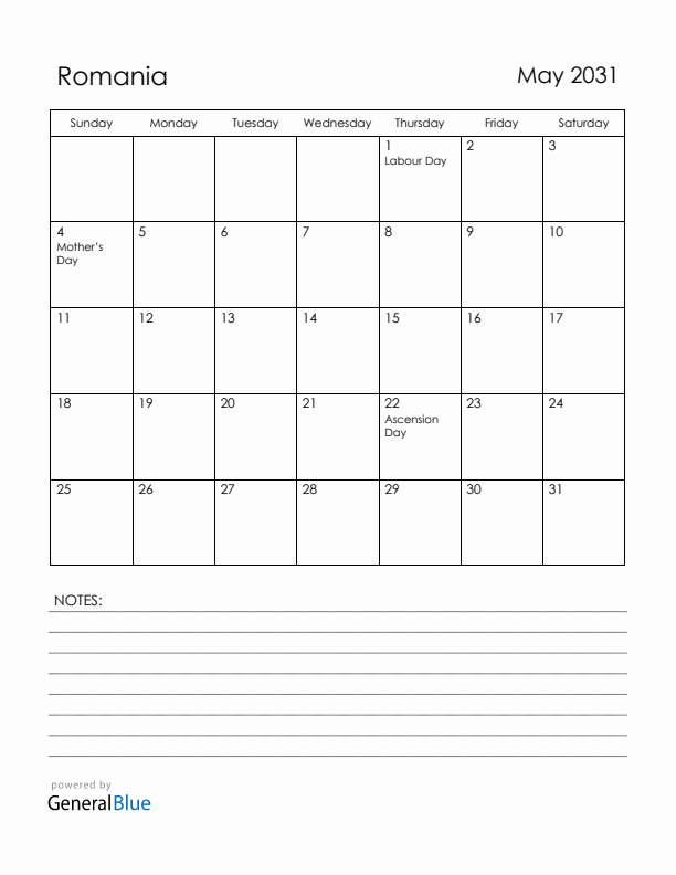 May 2031 Romania Calendar with Holidays (Sunday Start)