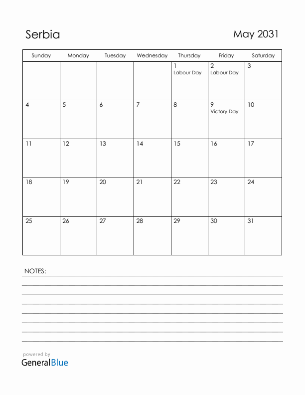 May 2031 Serbia Calendar with Holidays (Sunday Start)
