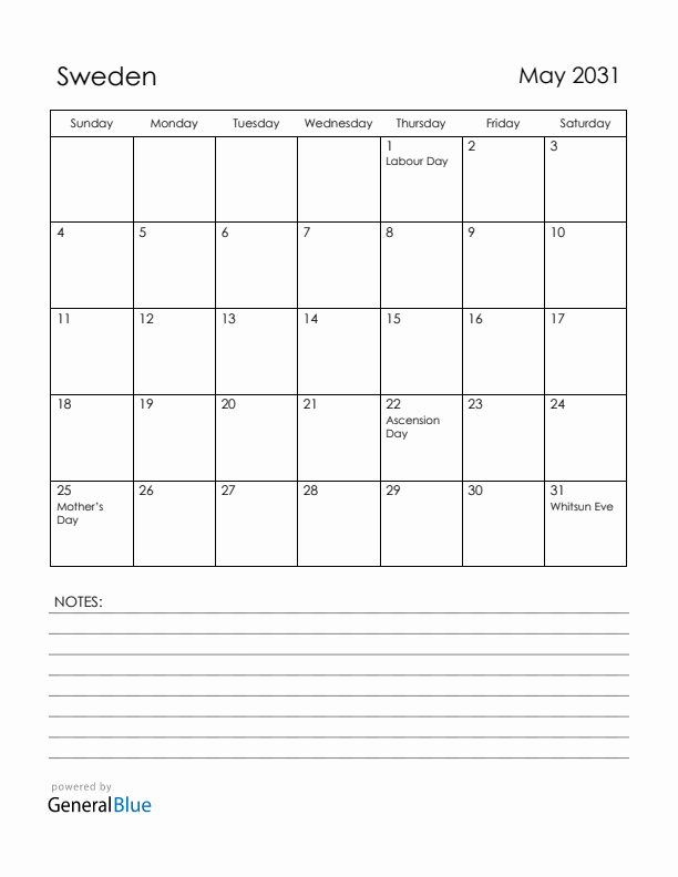 May 2031 Sweden Calendar with Holidays (Sunday Start)