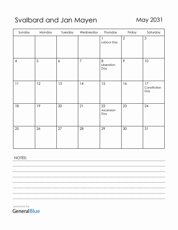 May 2031 Svalbard and Jan Mayen Calendar with Holidays (Sunday Start)