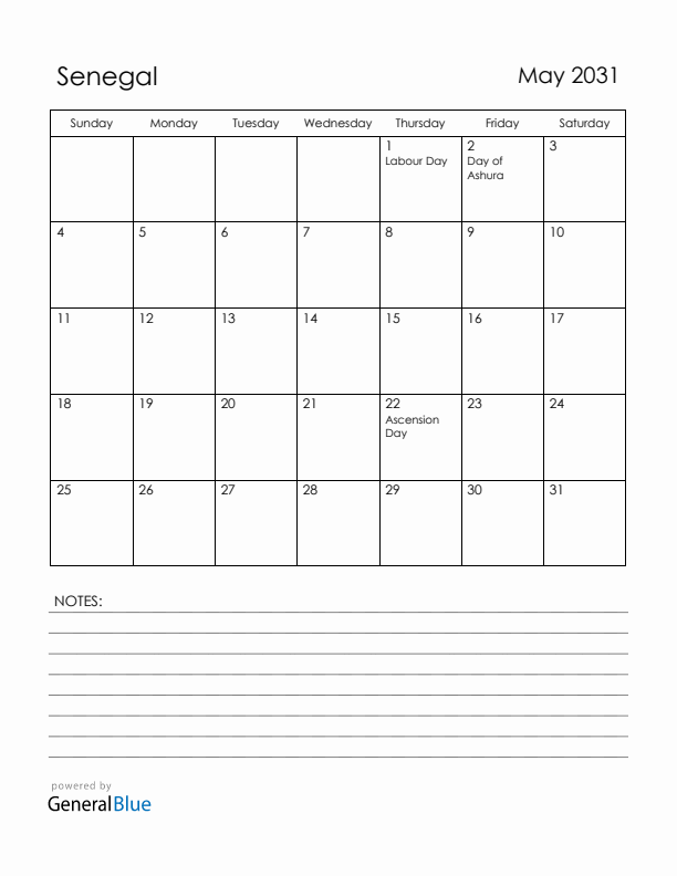 May 2031 Senegal Calendar with Holidays (Sunday Start)