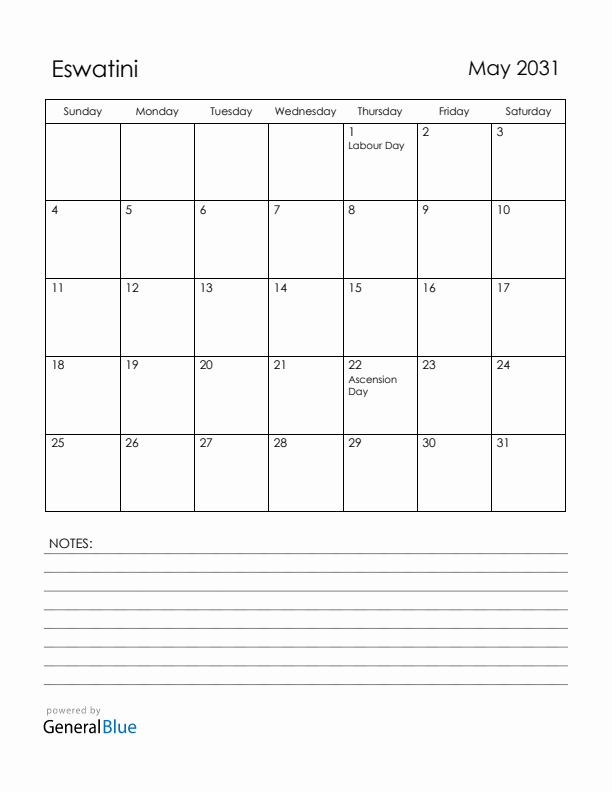 May 2031 Eswatini Calendar with Holidays (Sunday Start)