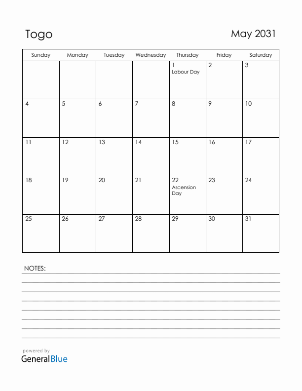 May 2031 Togo Calendar with Holidays (Sunday Start)