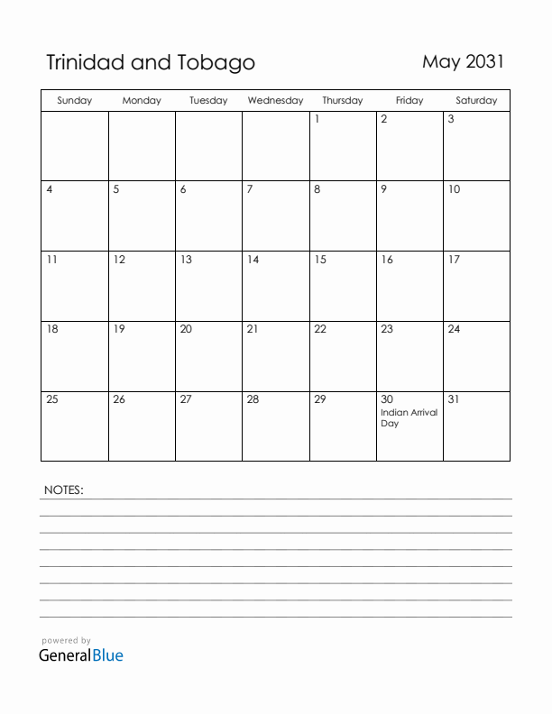 May 2031 Trinidad and Tobago Calendar with Holidays (Sunday Start)