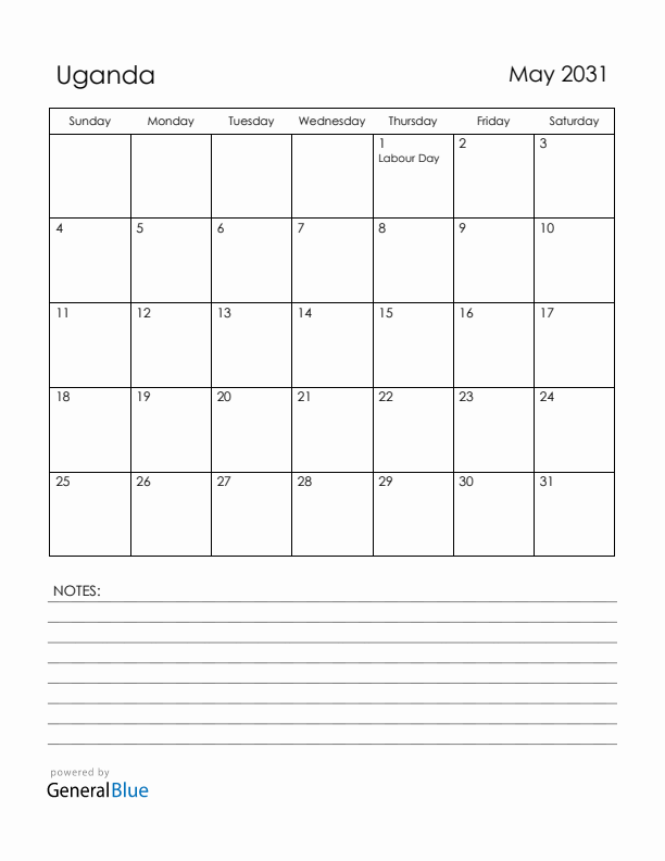 May 2031 Uganda Calendar with Holidays (Sunday Start)