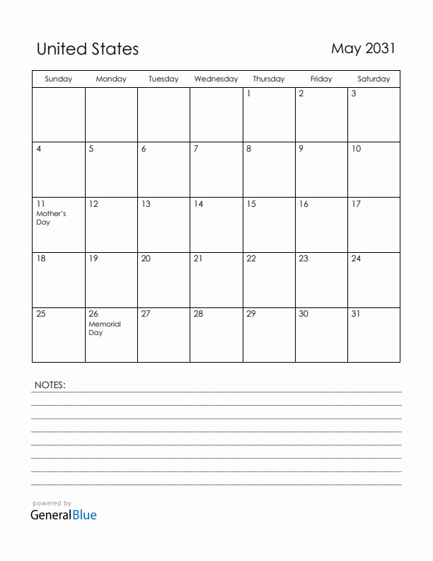 May 2031 United States Calendar with Holidays (Sunday Start)