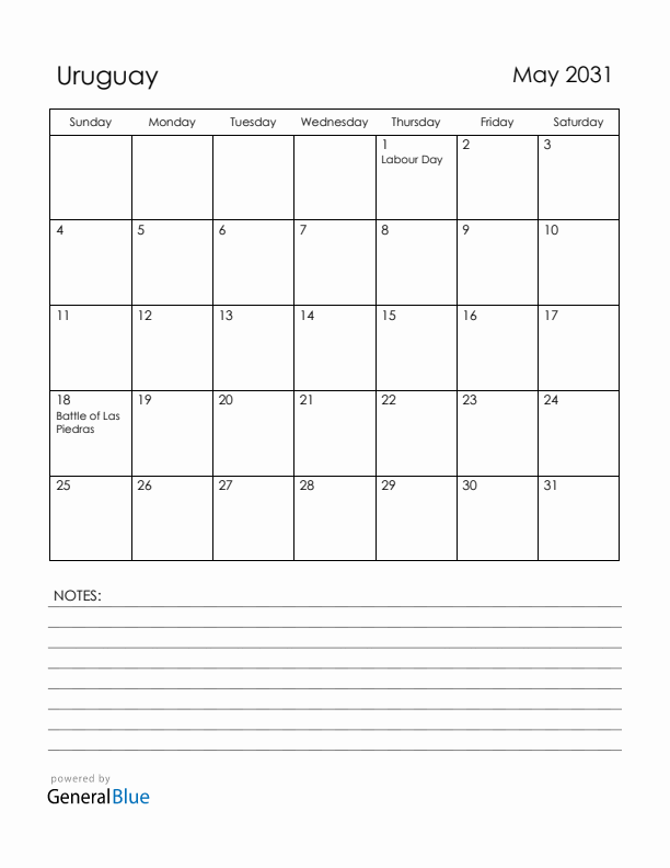 May 2031 Uruguay Calendar with Holidays (Sunday Start)