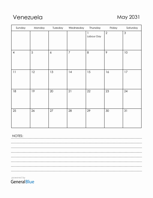 May 2031 Venezuela Calendar with Holidays (Sunday Start)