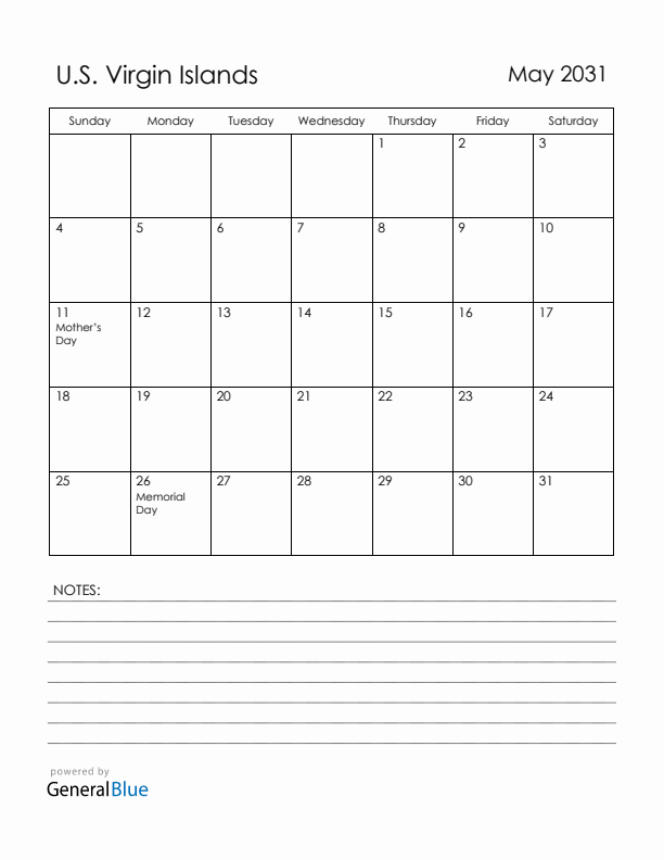 May 2031 U.S. Virgin Islands Calendar with Holidays (Sunday Start)
